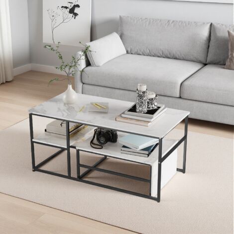 Juego de mesa de centro de 2 piezas, mesa de centro moderna rectangular de 2 niveles, mesa auxiliar para sala de estar, marco de metal negro, mesa redonda de esquina, mesa de centro nido