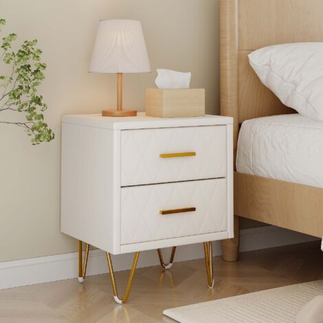 Mesita de noche de 2 piezas con 2 cajones, de madera, con patas de metal, para sala de estar, sofá, color beige PU.