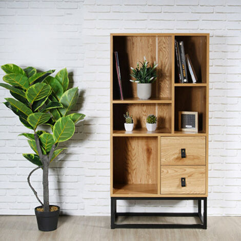 The Home Deco Factory – Bibliothèque industrielle en bois MDF et métal – 5 compartiments et 2 tiroirs – Dimensions 60x29x120 cm – Style vintage