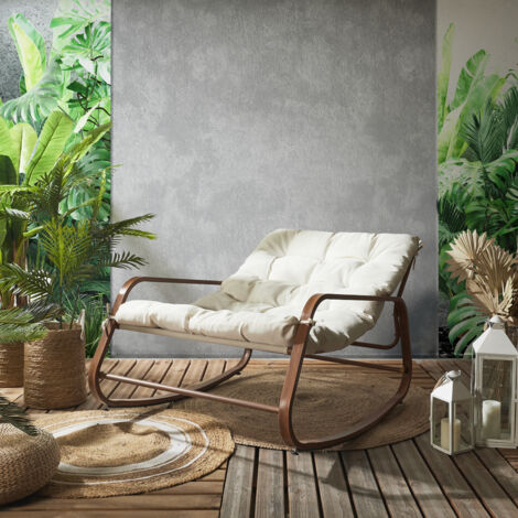 Fauteuil à bascule Miami – Fer et polyester – Hauteur 69 cm, largeur 92 cm, profondeur 130 cm – Coussin rembourré confortable