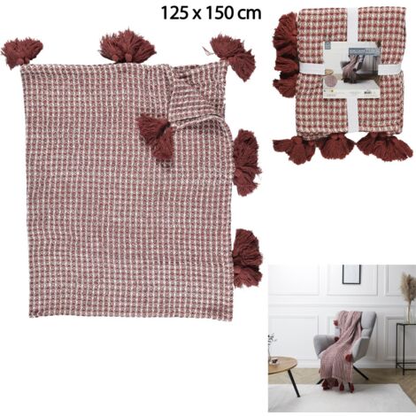 Plaid - HOME DECO FACTORY - Gaufre à Pompons - Rouge et Blanc (1/4)