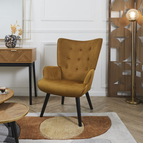 The Home Deco Factory – Fauteuil relax Giulia en velours jaune – Structure en hevéa – Dimensions 96x68x75 cm – Confort optimal avec rembourrage polyester