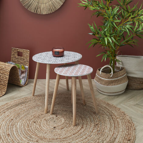 Table D'Appoint Gigogne - HOME DECO FACTORY - Motifs Azulejos - Rouge et Blanc (1/5)