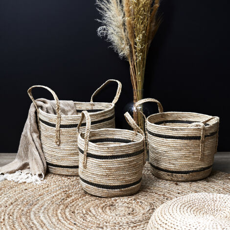 Lot de 3 Paniers - HOME DECO FACTORY - Bicolores - Fibre de Maïs - Marron et Noir (1/5)