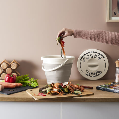 Seau à Compost - JE CHERCHE UNE IDEE - Pliable - Avec Anse - Avec Couvercle - Gris et Blanc (1/5)