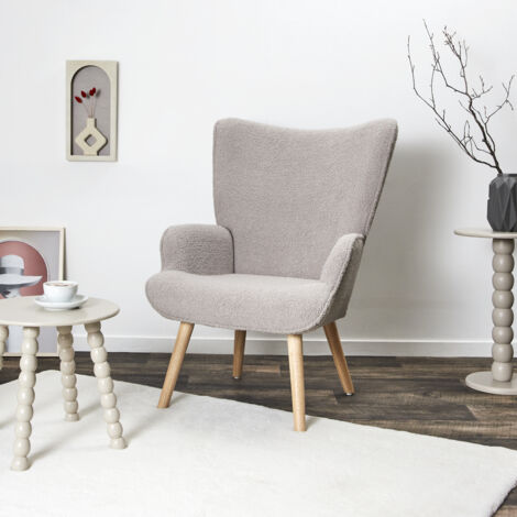 The Home Deco Factory – Fauteuil convertible bouclette gris – Confort optimal – Design moderne avec pieds en bois clair – Pour salon élégant (1/5)