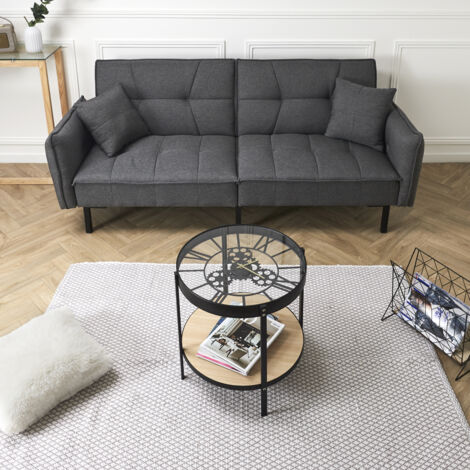 The Home Deco Factory – Table basse fixe avec horloge 50,5x50,5 cm – Plateau en verre et métal noir – Design contemporain – Élégante et fonctionnelle