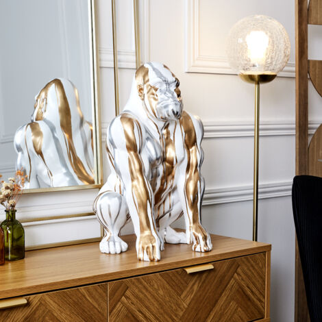 The Home Deco Factory – Statue gorille blanc 45cm – Coulures dorées et argentées – Design contemporain pour décoration intérieure – Pièce unique