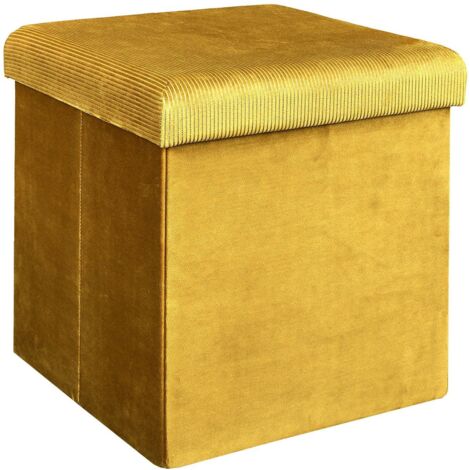 The Home Deco Factory – Coffre pouf pliable en velours côtelé jaune – Assise capitonnée – Dimensions 38x38x38cm – Rangement optimisé et discret