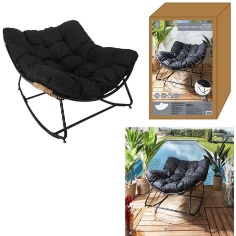 The Home Deco Factory – Fauteuil de jardin à bascule Tulum – Coussin noir rembourré – Design ergonomique pour confort prolongé – Idéal pour terrasse et balcon