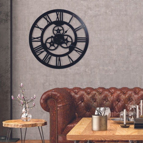 The Home Deco Factory – Horloge murale avec engrenage 70 cm – MDF noir et métal – Profondeur 3,5 cm – Décoration intérieure unique