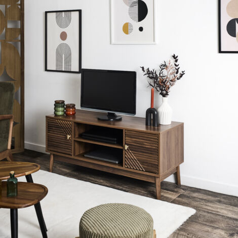 The Home Deco Factory – Meuble TV marron en panneaux de particules – Dimensions 110x48x40 cm – Rangement fermé et niches ouvertes – Design épuré pour salon