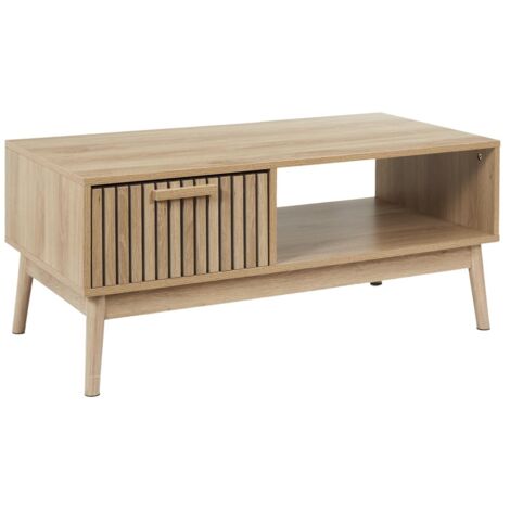 Table basse fixe marron 106x54x43 cm – Panneaux de particules et piètement en pin – Tiroir et niche intégrés – Design minimaliste