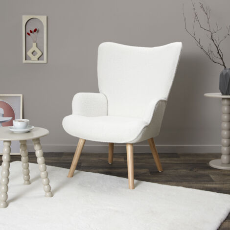The Home Deco Factory – Fauteuil convertible bouclette ultra-douce – Pieds en bois clair – Confort optimal – Design élégant – Couleur blanc