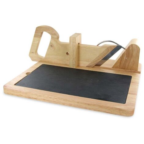 Trancheuse à charcuterie en bois avec plateau ardoise – Outil inox pour trancher charcuterie et fromages jusqu'à 6 cm – Goupille de sécurité – Totally Addict