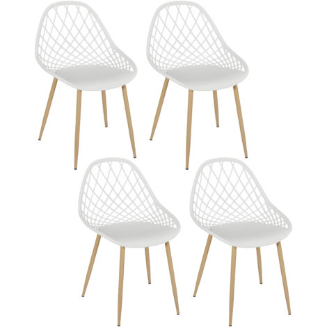 Lot de 4 chaises de jardin en polypropylène et métal – Dossier transparent en losange – Hauteur d'assise 45 cm – Blanc et naturel