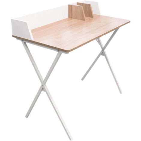 The Home Deco Factory – Bureau enfant en panneaux de particules et métal – Dimensions 90x50x84 cm – Piétement croisé – Coloris blanc et naturel