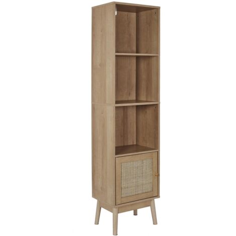 The Home Deco Factory – Colonne de salle de bain en bois avec porte en rotin – Rangement vertical 1 porte – Étagères ouvertes pour objets du quotidien