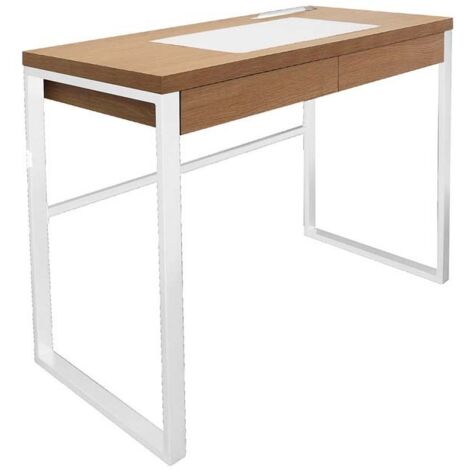 The Home Deco Factory – Bureau droit en bois et métal blanc 100x50,3x74 cm – Tiroir intégré – Support pour livre ou tablette – Style industriel