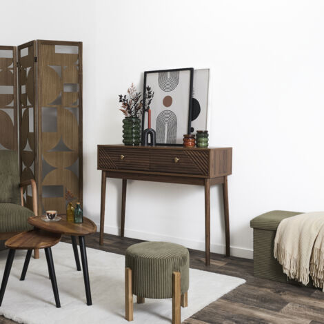 The Home Deco Factory – Console Tiffany marron – Bois MDF et pin – Dimensions 100x35x80 cm – 2 tiroirs avec poignées dorées – Style rétro-chic