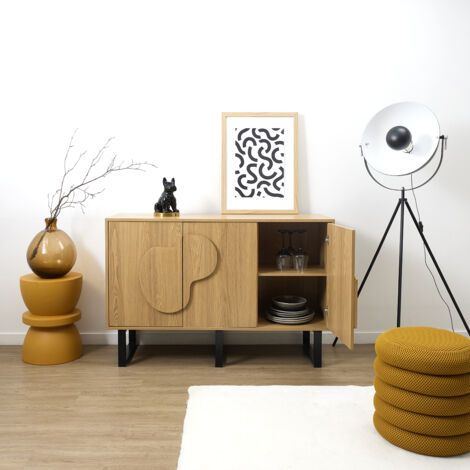 The Home Deco Factory – Buffet Calypso noir – Panneaux de particules et fer – Dimensions 120x40x79 cm – Design élégant avec portes sculptées (1/5)