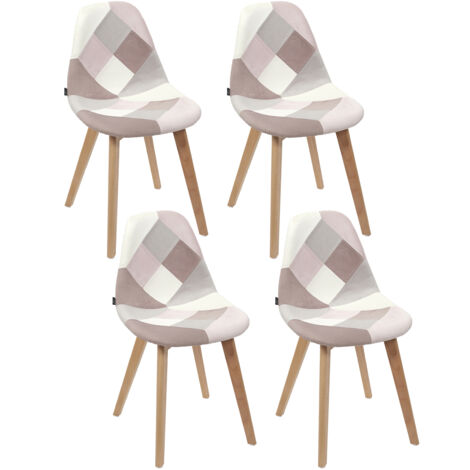 The Home Deco Factory – Lot de 4 chaises patchwork rose – Structure en bois brut – Revêtement doux pour confort – Style ultra-chic pour salon (1/5)
