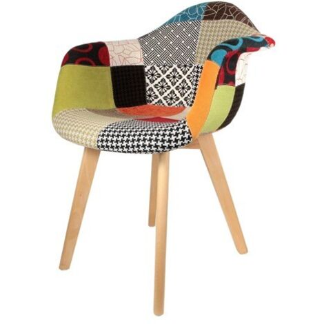 The Home Deco Factory – Fauteuil scandinave patchwork – Pieds en bois d’hêtre – Revêtement en tissu polyester – Confort optimal – Dimensions L. 62 x l. 43 x H. 85 cm