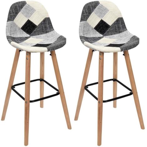 The Home Deco Factory – Lot de 2 tabourets de bar contemporains – Hauteur d'assise 75cm – Patchwork gris et multicolore – Structure en métal