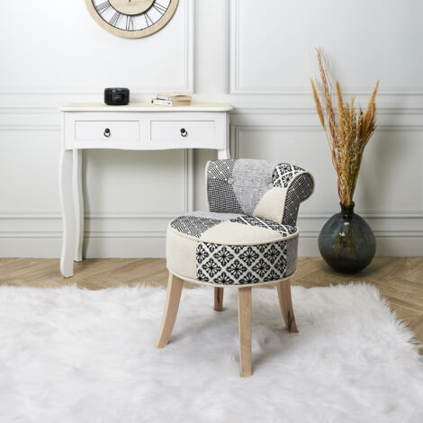 The Home Deco Factory – Tabouret Eleonor patchwork gris – 4 pieds en bois brut – Revêtement doux – Pour salon ou chambre – Design original et léger (1/5)