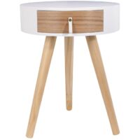 The Home Deco Factory – Table de chevet ronde blanche avec tiroir – Plateau rond – Pieds triangulaires pour stabilité – Finition durable
