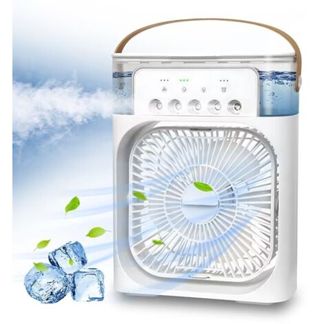 Climatiseur Mobile Portable, Refroidisseur d'air 4 en 1, Mini Climatiseur Portable 600ML, Mini Air Climatiseur Ventilateur 3 Vitesses, 3 Modes de Brume, 7 Veilleuse, 2-8H Timer, pour Bureau