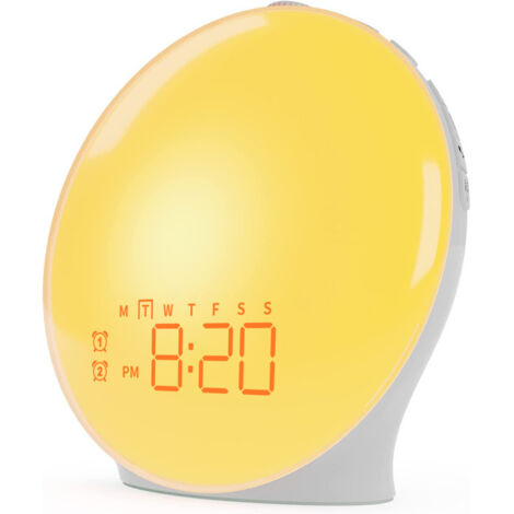 Eveil Lumière LED Radio Réveil Matin Lumineux Lampe de Chevet 20 Niveaux de Luminosité Simulateur d'Aube et Crépuscule 2 Réveils 7 Sons Naturels Fonction Snooze Veilleuse Enfant 18 Couleurs (Jaune) (1/5)
