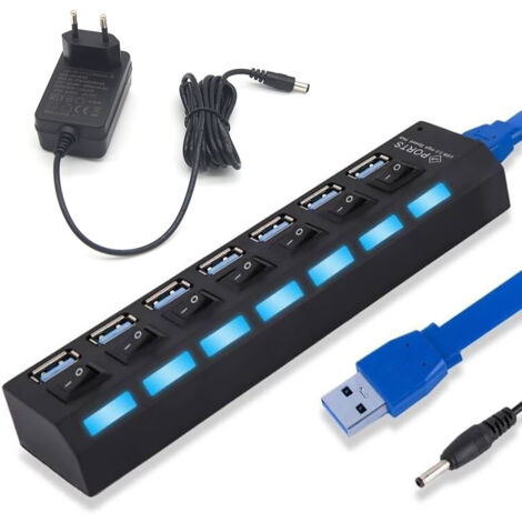 Hub USB 3.0 à 7 ports : répartiteur USB 3.0 avec interrupteur d'alimentation à LED pour ordinateur portable, disque dur mobile, PC et autres appareils USB (bloc d'alimentation USB et UE)