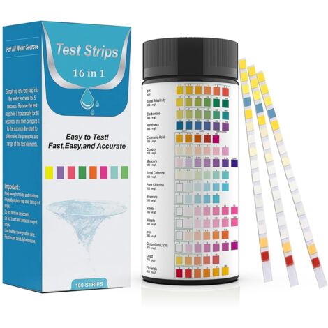16-en-1 Bandelettes de Test d'Eau (100 unités) – Analyse pH, Nitrites, Chlore, Dureté, Mercure & Plomb dans l'Eau Potable, Piscine, Aquarium