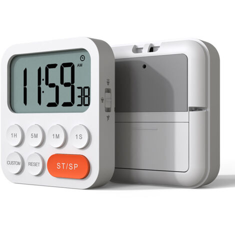 Minuteur de Cuisine, Minuterie Cuisine, Minuteur Digital Chronomètre et Compte à Rebours avec Mode Personnalisé, 3 Niveaux de Volume pour Examen, Réunion, sans Bruit - 2 Piles AAA - Blanc