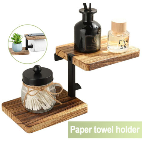 Porte-papier toilette mural en bois carbonisé – Tablette intégrée – Capacité 5 kg – Fixation à vis pour stabilité – Salle de bain et cuisine (1/5)