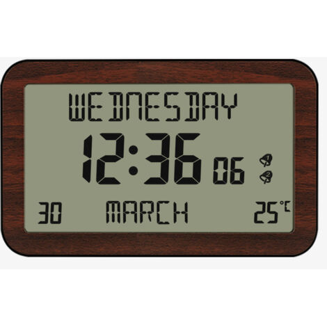 Horloge Réveil Numérique Murale Radiopilotée - Calendrier Date Jour et Heure - Grands Chiffres - 6 Langues - 2 Alarmes - Température Ambiante - Murale ou sur Pied