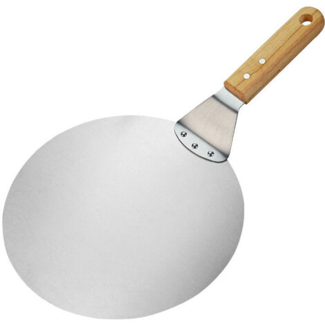 Pelle à pizza en acier inoxydable - pelle à pizza et à gâteaux avec manche en bois - poussoir à pizza rond pour pizza, tarte flambée et pain (marron/argent - rond) (1/5)