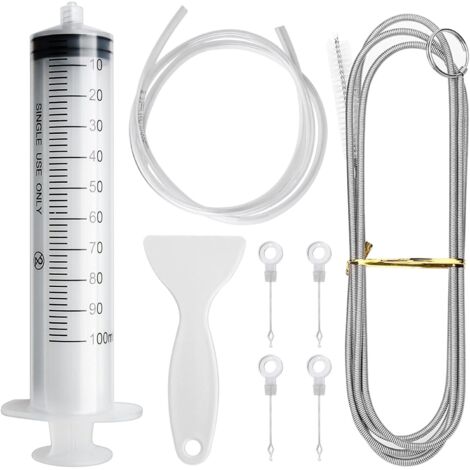 8 Kit d'Outil de Nettoyage de Réfrigérateur, Flexible Brosse de Nettoyage + Tuyau PVC 1.55m + Pelle de Dégivrage + Seringue de 100ml + 4 Bouchons de Trou de Vidange de Réfrigérateur, pour Cuisine