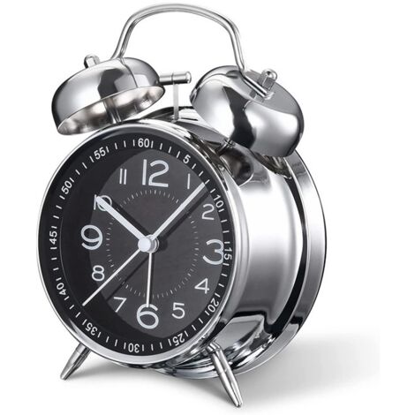 Réveil analogique super silencieux avec rétroéclairage - 11,5 cm - Avec double clochette - Réveil rétro en météo pour les dormeurs lourds - Fonctionne à piles (noir)