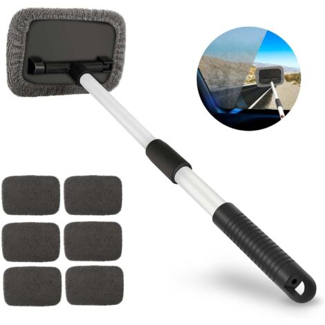 Brosse de Nettoyage de Voiture, Nettoyage de Pare-Brise avec Poignée Télescopique et 6 Tampons en Microfibre, Brosse de Fenêtre Extensible pour Intérieur et Extérieur de Voiture