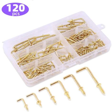 120 pcs 6 tailles à vis en métal Laiton plaqué or carré Bend Crochets kit, Doré carré Bend Crochets Vis à tôle Crochets pour Home/lieu de travail/bureau