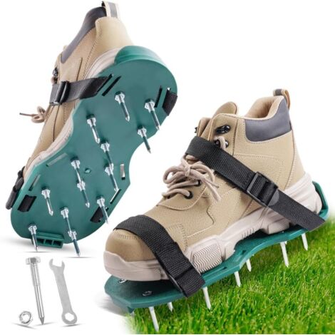 Sandales Aérateur Pelouse, 1 paire 42mm Aérateur de Pelouse avec 26 Clous et Clé, Chaussure à Gazon Ajustable, Amélioration de la qualité du Sol, pour Aerateur Gazon (Vert) (1/5)