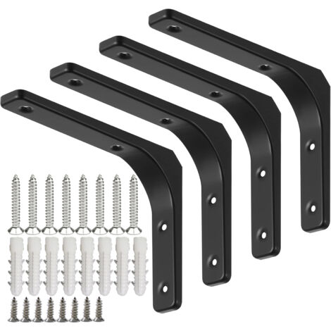 4 Pièces Équerre Étagère de Fixation Noir, Supports D'étagère Murale, Équerre Murale en Forme de L avec Vis et Ancrages Assortis, Capacité de Charge Maximale de 70kg (150 x 200 mm) (1/5)