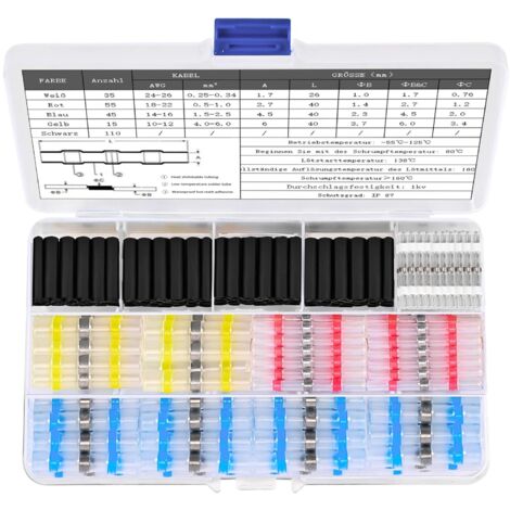 Cosse Thermoretractable Soudure 260pcs, 4 Tailles de Etanche Manchon Thermosoudable Connecteur a Souder und Gaine Thermorétractable Noire, avec un Taux de Retrait de 2:1 (1/5)