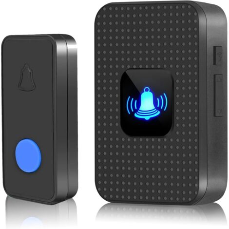 Sonnette sans Fil, Mini Sonnette de Porte IP55 Exterieur Étanche Kit de Carillon Electronique Portée 150M, 38Mélodies au 5 Niveaux Volumes, LED Bleu pour Maison Bureau Hôtel Urgence, Noir