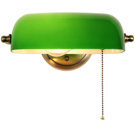 Applique Murale Banquier Vert En Verre Avec Interrupteur À Chaîne À Tirer, Lampe De Chevet Enfant, Lampe Murale E27, Base En Métal Bronze, Pour Chambre Cuisine Applique Luminaire Orientable (1/5)