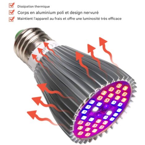 30W 40LED Ampoule Grow Light E27, lampe LED à spectre complet avec UV et IR pour plantes d'intérieur, légumes, fleurs, jardin, serre, économie d'énergie et durabilité (lumière rouge)