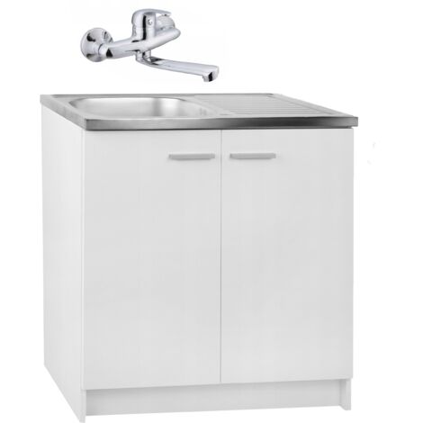Meuble de cuisine debout 80 cm - Blanc - Ensemble complet avec évier et robinet - Design élégant