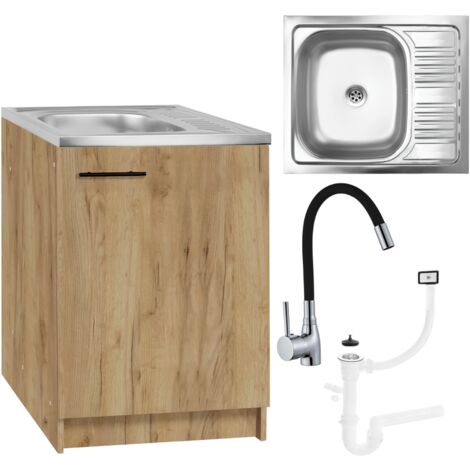 Meuble sous évier 60 x 50 cm – Chêne doré – Évier avec égouttoir et robinet beige – Montage flexible des portes